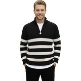 Rizzup Erkek Siyah Yarım Fermuarlı Oversize Kesim Triko Kazak Pamuklu Yumuşak Örgü Çizgili Kazak 2608513 - 2XL