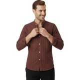 RizzUP Kahve Çizgi Dokulu Hakim Yaka Rahat Kalıp Kırışık Viskon Keten Erkek Gömlek 2602621 - XL
