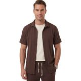 Rizzup Kahve Slim Fit Çizgi Dokulu Keten Görünümlü Kısa Kol Erkek Spor Gömlek 2602648