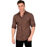 Rizzup Koyu Kahve Dar Kesim Likralı Spor Gömlek – Büyük Beden Seçenekli Pamuklu Erkek Gömlek 2300421 - 3XL
