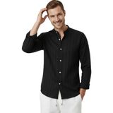 RizzUP Siyah Çizgi Dokulu Hakim Yaka Rahat Kalıp Kırışık Viskon Keten Erkek Gömlek 2602621 - 2XL