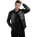 Rizzup Siyah Dar Kesim Erkek Suni Deri Ceket – Taşlı Aslan Nakışlı Kolej Yaka Ribanalı Ceket 2600353 - XL
