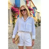 Rmy Moda Kadın Beyaz Mavi Manşet ve Cepleri Garnili Çizgili Oversize Crop Dokuma Gömlek - 36