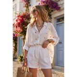 RMY MODA Kadın Beyaz Renkli Yıldız Desenli Viskon Vual Oversize Gömlek