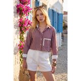 Rmy Moda Kadın Bordo Manşet ve Cepleri Garnili Çizgili Oversize Crop Dokuma Gömlek - 40