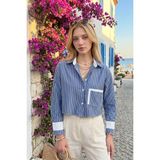 Rmy Moda Kadın Lacivert Manşet ve Cepleri Garnili Çizgili Oversize Crop Dokuma Gömlek - 40