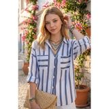 Rmy Moda Kadın Lacivert Petek Dokuma Pamuk Çizgili Çift Cepli Oversize Gömlek - 38