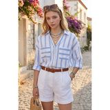 Rmy Moda Kadın Mavi Petek Dokuma Pamuk Çizgili Çift Cepli Oversize Gömlek - 42