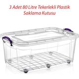 rnl04 3 Adet 80 Litre Tekerlekli Maxı Multi Box Saklama Kutusu - E-515-3 - Şeffaf - 3 Adet 810 lt