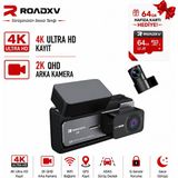 ROADXV S8 4K Ön + 2k Arka Wifi Araç Kamerası, Sony IMX335 Sensör, Gps, Adas, Süper Gece Görüşü, G-Sensör, Çakmaklık Güç Bağlantı Kitli, 64GB SD Kart Hediyeli. - Siyah