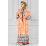 Robalı Manolya Viskon Elbise-Turuncu