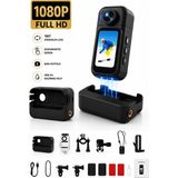 Robeve 1080P Full Hd Mini Aksiyon Kamerası Şarj Kutulu Powerbankli 180° Dönebilen Lensli Dokunmatik Ekranlı Wifi Destekli Manyetik Taşınabilir Vlog ve Spor Kamerası Su Geçirmez Muhafaza Aksesuar Setli - Siyah