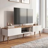 Robeve 140 cm Modern Tv Ünitesi Konsol 2 Kapaklı Ahşap Ayaklı Televizyon Sehpası Salon ve Oturma Odası Için Şık Tasarımlı Tv Konsolu Televizyon Ünitesi Tv Ünitesi Konsol - Beyaz - Atlantik Çam