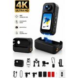 Robeve 4K Ultra Hd Mini Aksiyon Kamerası Şarj Kutulu Powerbankli 180° Dönebilen Lensli Dokunmatik Ekranlı Wifi Destekli Manyetik Taşınabilir Vlog ve Spor Kamerası Su Geçirmez Muhafaza Aksesuar Setli - Siyah