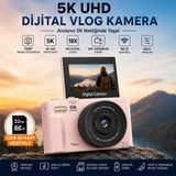 Robeve 5k UHD 75MP Fotoğraf Makinesi Dijital Vlog Kamera – 18X Dijital Zoom, 180° Dönebilen IPS Ekran, Wi-Fi Kontrollü, Slow Motion & Time-Lapse Destekli 64GB Sd Kart Hediyeli Fotoğraf Makinası - Pembe