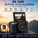 Robeve 5k UHD 75MP Fotoğraf Makinesi Dijital Vlog Kamera – 18X Dijital Zoom, 180° Dönebilen IPS Ekran, Wi-Fi Kontrollü, Slow Motion & Time-Lapse Destekli 64GB Sd Kart Hediyeli Fotoğraf Makinası - Siyah