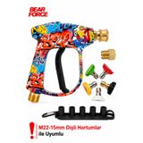 ROBEVE Bear Force Graffiti M22-15 mm Dişli Hortum Uyumlu Basınçlı Araç Yıkama Tabancası – 5’li Nozzle Uç Seti ve Kemer Klipsli Oto Yıkama Tabancası