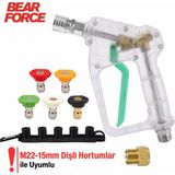 Robeve Bear Force Şeffaf Basınçlı Yıkama Tabancası 5'li Nozzle Set ve Kemer Klipsi ile Birlikte Araç Yıkama Tabancası Profesyonel Şeffaf Tasarım Oto Yıkama Tabancası - M22-15mm Dişli Hortumlar ile Uyumlu