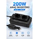 ROBEVE MG8300 200W Araç İnvertörü 12V DC - 220V AC Güç Dönüştürücü | 2 AC Priz, 4 USB Çıkışı (2 USB-A + 2 QC3.0 Hızlı Şarj) Araç Çakmaklık Girişli Power İnverter, Otomobil, Karavan ve Kamp İçin
