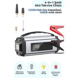 Robeve Pro Akü Takviye Şarj Cihazı 12000 Mah 1200A Akü Takviye Cihazı Akü Şarj Cihazı Lastik Şişirme Pompası 4in1 Jump Starter Araç Takviye Cihazı Akü Şarj Aleti Powerbank El Feneri Hava Kompresörü