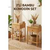 Robin Home Doğal Bambu Tek Çekmeceli Raflı 2'li Komodin Seti Yan Sehpa