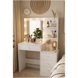 Robin Home Hollywood Kulis Makyaj Masası 4 Çekmeceli Düzenleyici Hollywood Led Işıklı Raflı Beyaz