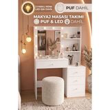 Robin Home Hollywood LED Işıklı Puflu Makyaj Masası Takımı 4 Çekmeceli Düzenleyici Raflı Beyaz