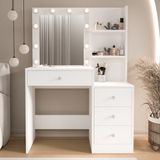 Robin Home Hollywood Makyaj Masası 4 Çekmeceli Düzenleyici Hollywood LED Işıklı Raflı Beyaz