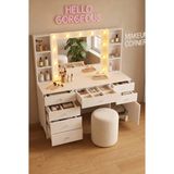 Robin Home Hollywood Makyaj Masası Takımı 7 Çekmece Kapaklı Düzenleyici Hollywood LED Işıklı ve Puflu Beyaz