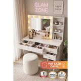 Robin Home Hollywood Makyaj Masası ve Puf 3 Çekmece Kapaklı Düzenleyici Raflı Hollywood LED Işıklı Puf Dahil Beyaz