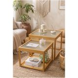 Robin Home Modern Doğal Bambu 2'li Kare Orta Sehpa Seti Temperli Camlı ve Yapay Rattan Alt Raflı Zigon