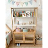 Robin Home Montessori Doğal Bambu Bebek Çocuk Odası Raflı Kapaklı Kitaplık Oyuncak Dolabı Bej