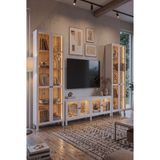 Robin Home Prime Temperli Cam Kapaklı Neon LED Işıklı Tv Ünitesi Tv Sehpası & LED Işıklı Büfe Vitrin Kitaplık Takımı Ahşap Ayaklı Sepet-Beyaz