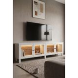 Robin Home Prime Temperli Cam Kapaklı Neon LED Işıklı Tv Ünitesi Tv Sehpası Vitrin Ahşap Ayaklı Sepet-Beyaz