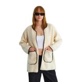 ROBİN Kadın Bomber Yaka Uzun Hırka, Oversize, Taş, ST