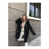 Robin ROBİN Kadın Kapüşonlu Torba Cep Astarsız Hafif Buklet Kaşe Oversize Kaban