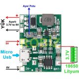 Robiz TP4056 18650 Lityum Pil Şarj Micro USB Ayarlı Voltaj Yükseltici 3-7V To 27V Boost Step Up Lion Akü