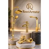 Rocciarmatur 4’lü Batarya Seti Gold Altın Pirinç Banyo Bambu Lavabo Kare Mutfak Eviye Musluğu Yuvarlak Yağmurlama Duş