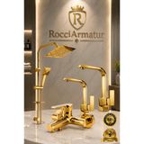 RocciArmatur 4’lü Batarya Seti Gold Altın Pirinç Banyo Lavabo Kare Mutfak Eviye Musluğu Yağmurlama Duş Sistemi Komple Set
