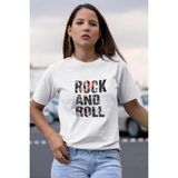 Rock And Roll Baskılı / Kadın Çok Renkli T-Shirt %100 Pamuk Regular Fıt Rahat Kalıp - Beyaz