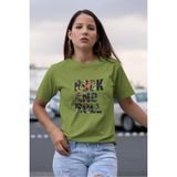 Rock And Roll Baskılı / Kadın Çok Renkli T-Shirt %100 Pamuk Regular Fıt Rahat Kalıp - Haki