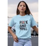 Rock And Roll Baskılı / Kadın Çok Renkli T-Shirt %100 Pamuk Regular Fıt Rahat Kalıp - Mavi