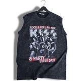 Rock And Roll Kiss Baskılı Yıkamalı Kolsuz Tişört, Unisex Rock Band Temalı Sıfır Kol Retro Atlet - Siyah - 3XL