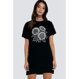 ROCKANDROLL Yaz Çiçekleri Siyah Kısa Kollu Penye Kadın T-shirt Elbise