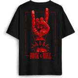 Rock'n Roll Music Işareti Rock Metal Müzik Sırt Ön Baskılı Oversize Tişört Unisex T-Shirt - Siyah
