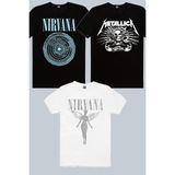 Rock&Roll Daire Daire Nirvana Siyah, Melek Nirvana Beyaz, Metallica Kurukafa 3'lü Kadın Tshirt Eko Paket - Çok Renkli - XL