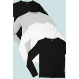 Rock&Roll Düz 2 Siyah, Gri, Beyaz Uzun Kollu Erkek Penye T-Shirt 4'lü Süper Eko Paket - 0 Siyah