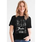 Rock&Roll Fender Gitar Siyah Kısa Kollu Kadın T-Shirt - M