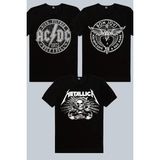 Rock&Roll Kanatlı Rock, Metallica Kurukafa, Dairede Acdc Siyah 3'lü Kadın Tshirt Eko Paket - Çok Renkli