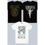 Rock&Roll Karlı Acdc, Top Rock Acdc Beyaz, Melek Nirvana Siyah 3'lü Kadın Tshirt Eko Paket - Çok Renkli - 2XL